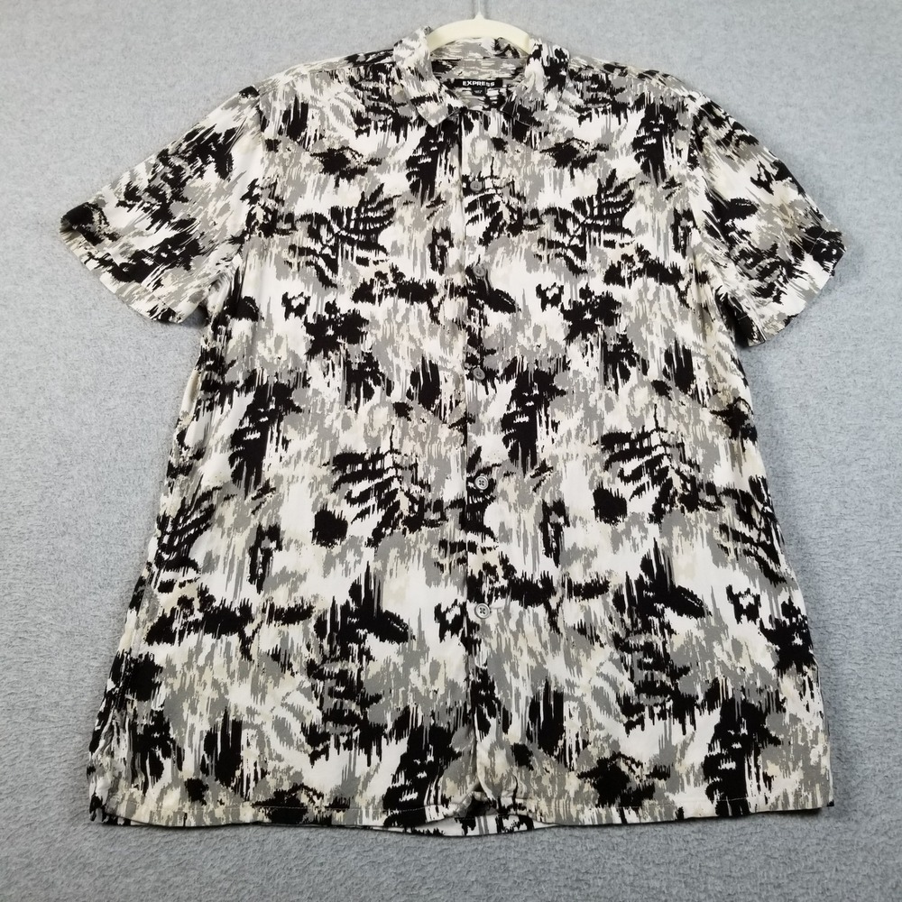 Express Button Up Shirt Men Small S Black Gray Abstract Short Sleeve Funky Retro